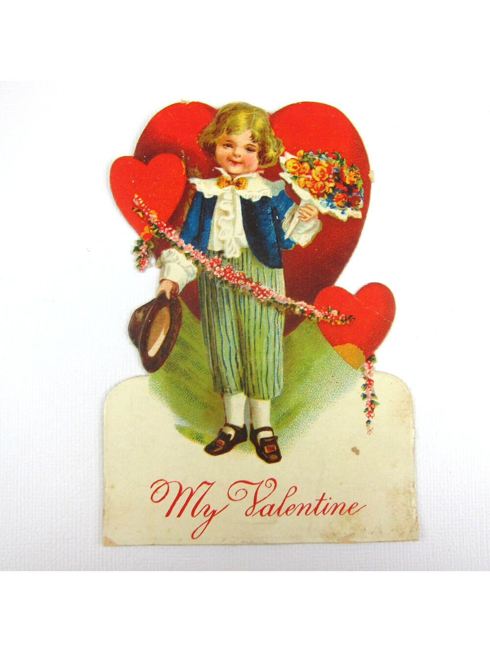 Antique Valentine Card Die Cut Blonde Boy Suit & Hat Bouquet Flowers Red Hearts